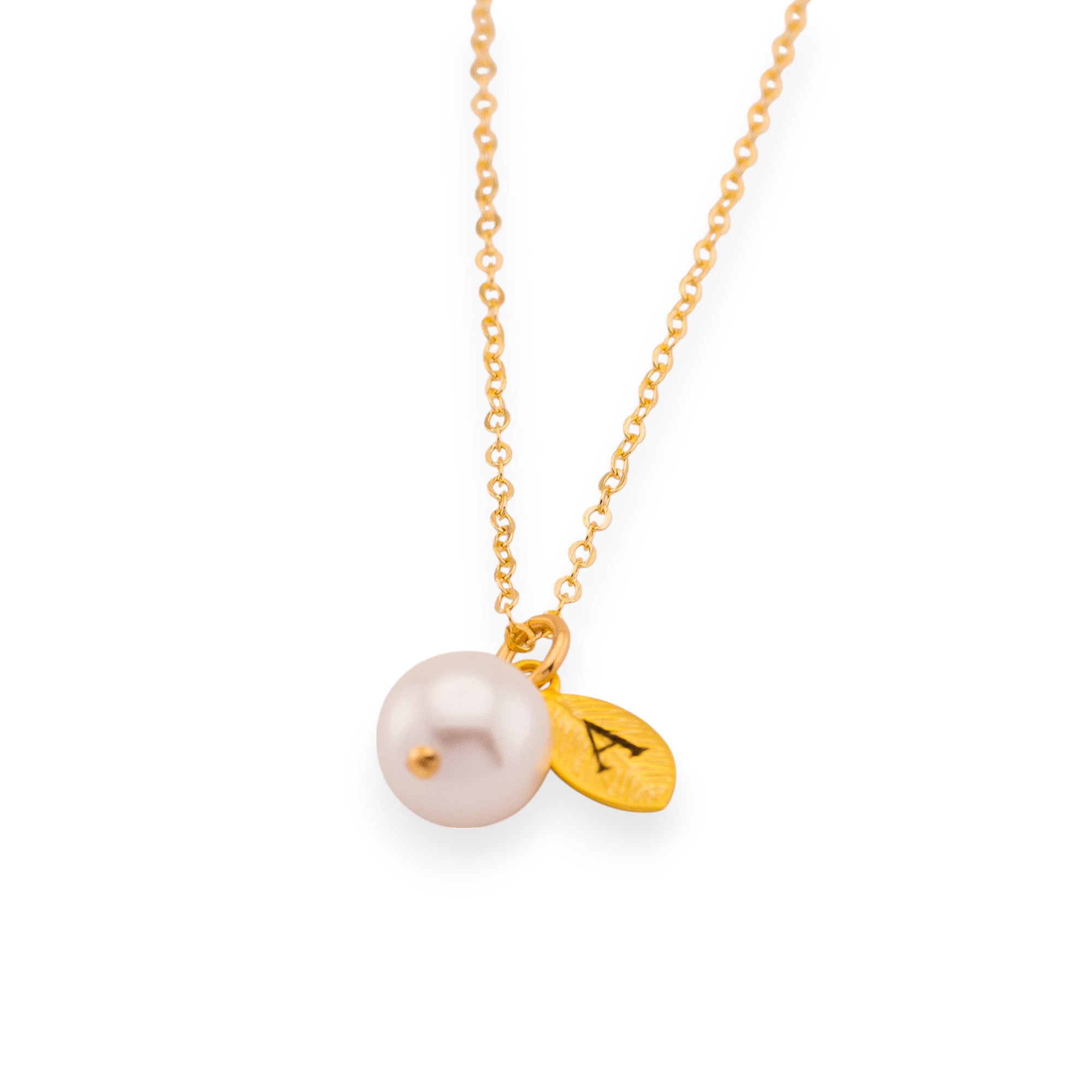 Initial Leaf Pendant Charm Pearl Necklace