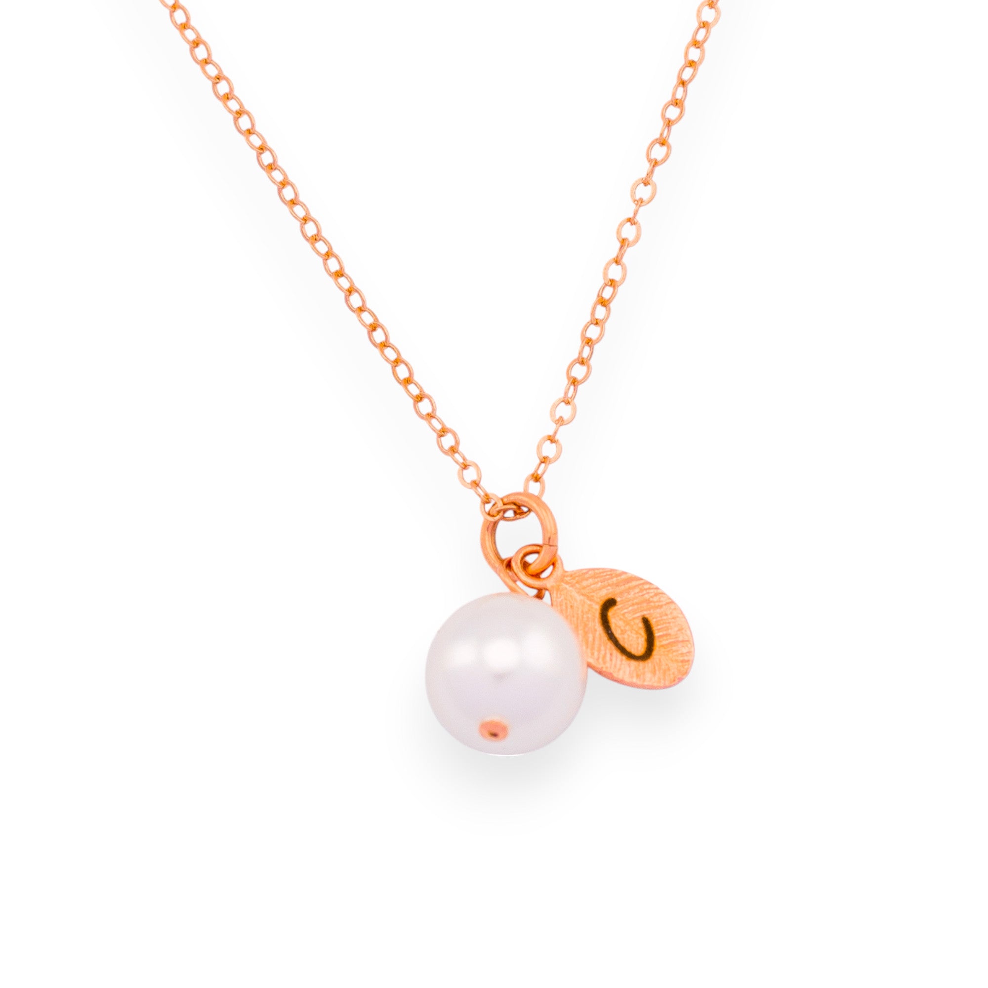 Initial Leaf Pendant Charm Pearl Necklace