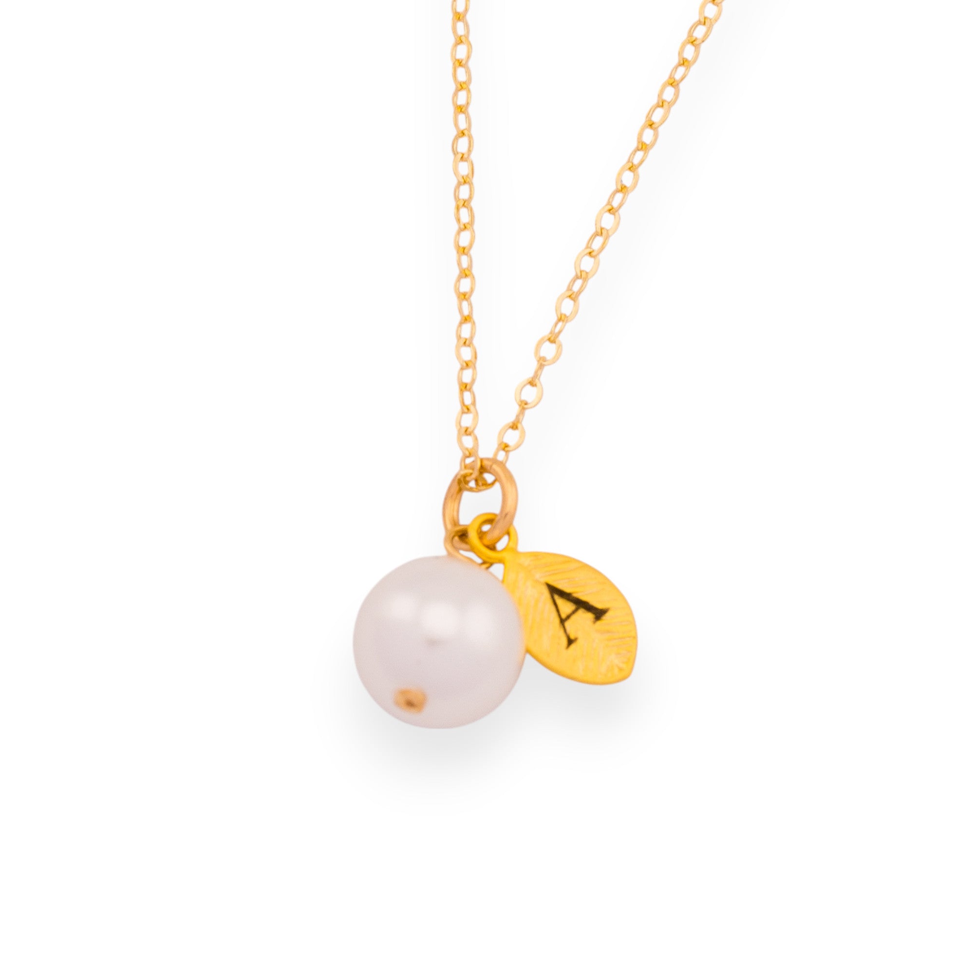Initial Leaf Pendant Charm Pearl Necklace