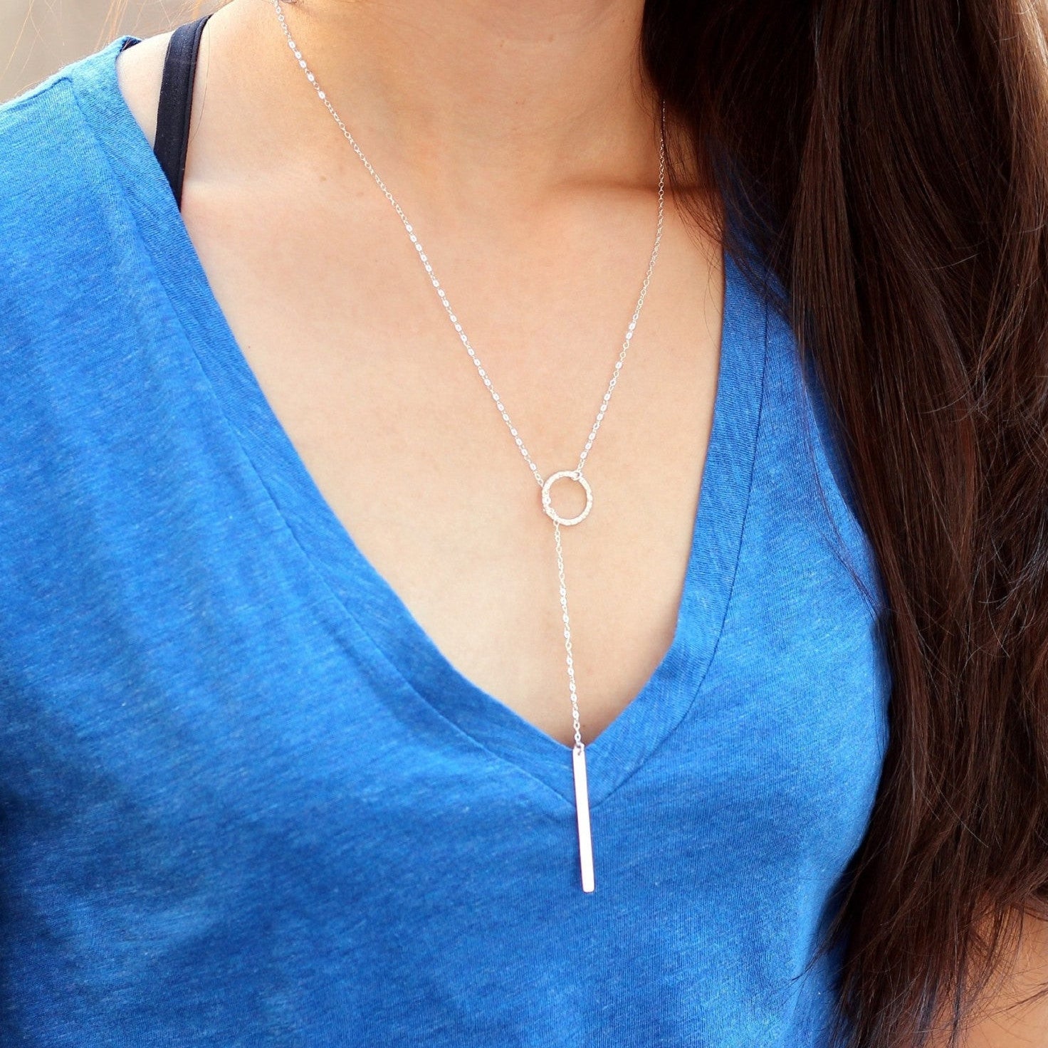 Circle and skinny bar lariat necklace Buy Long Drop Bar Necklace