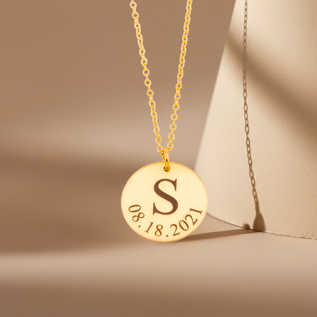 Personalized Initial and Birth Date Pendant Necklace, 5/8-inch Disc