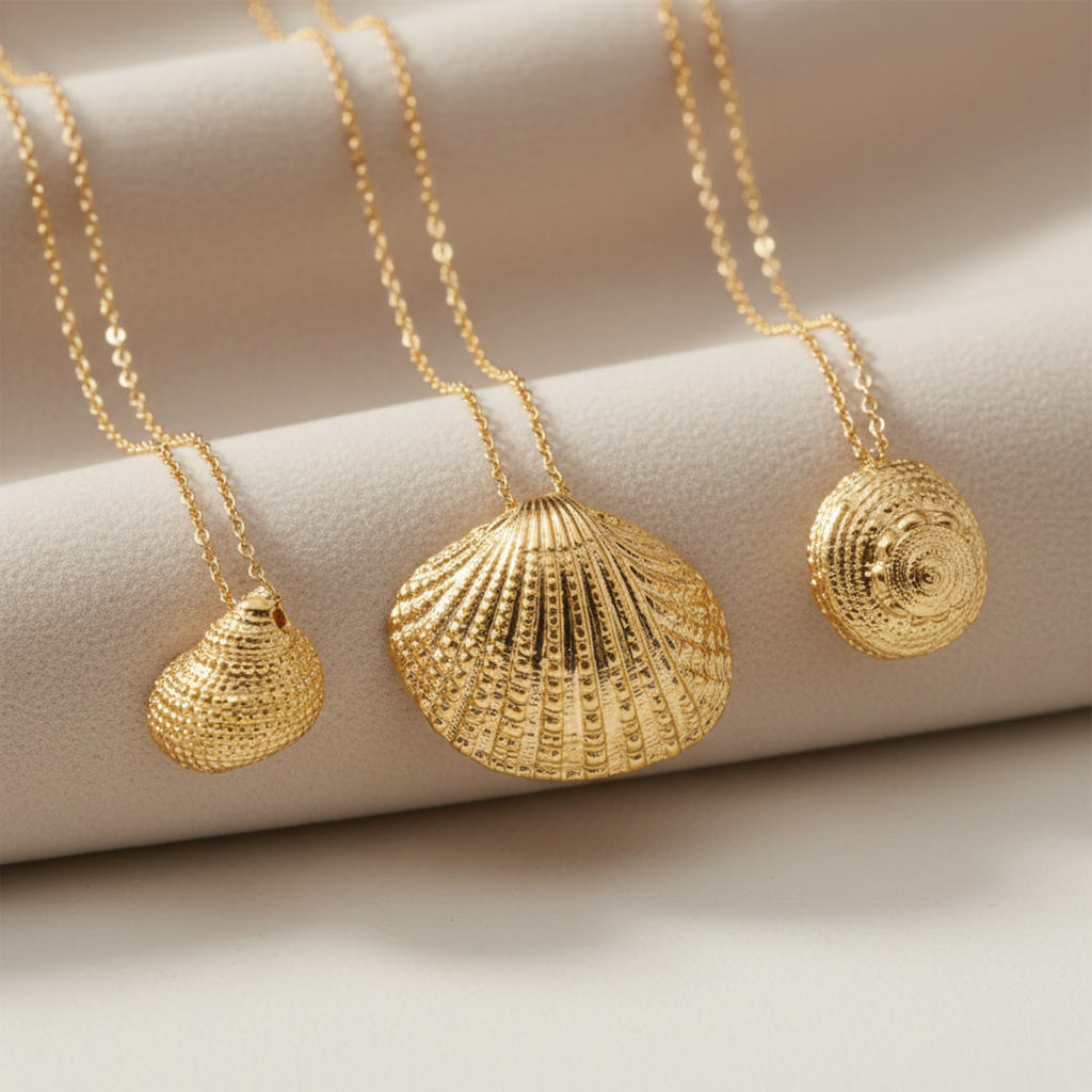 Sea Shell Necklace – Ocean Inspired Necklace – Conch, Clam & Spiral Shell Pendant, Dainty Seashell Jewelry – Minimalist Beach Necklace Gift