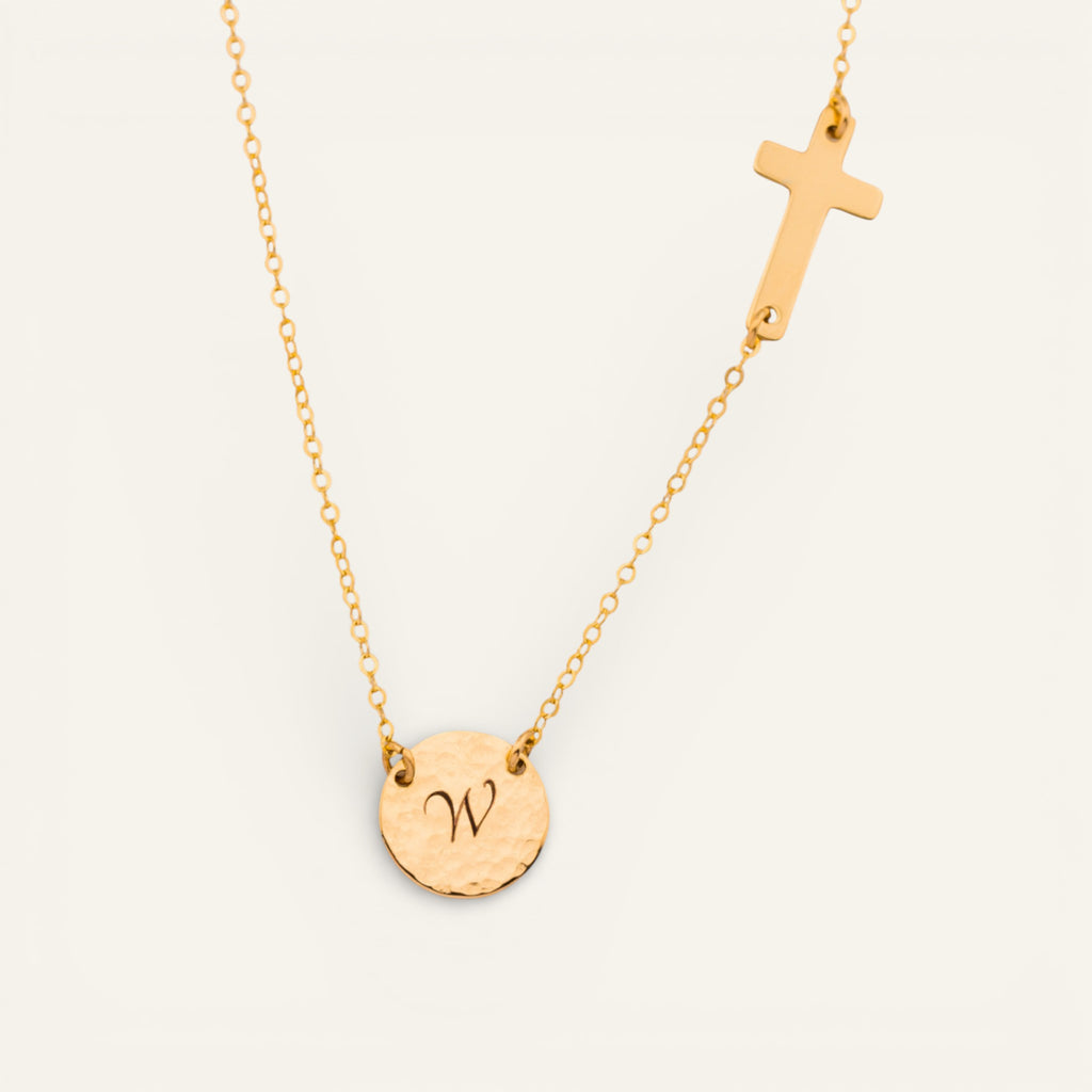Customized Sideways Cross and Monogram Link Disc 7/16" Necklace