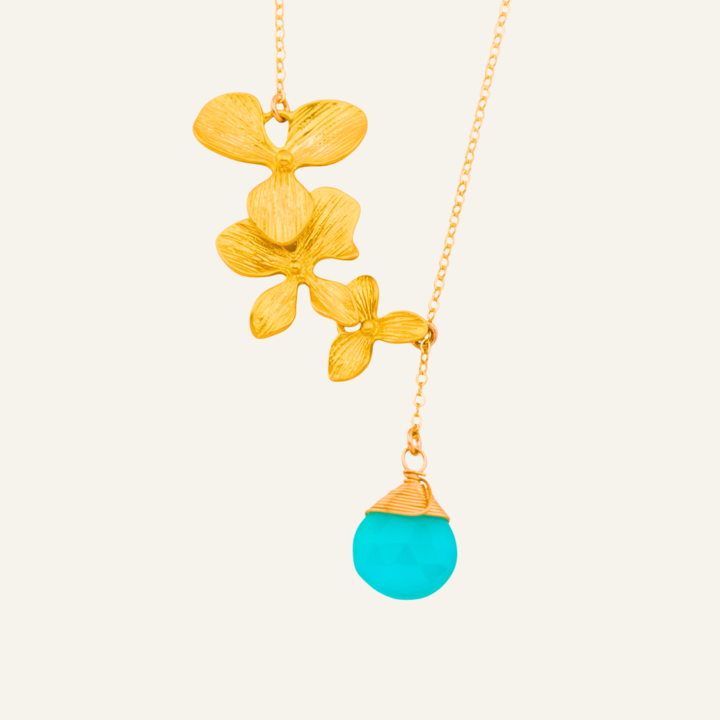 Floral Trio Orchid Pendant Lariat Necklace with Wirewrapped Birthstone