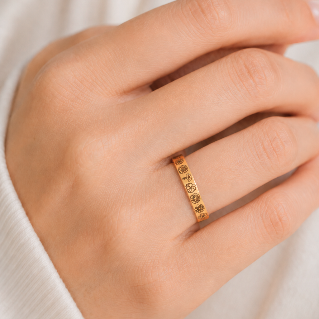 Personalized Birthflower Ring, Engraved Birth Flowers Band Ring Gold or Silver or Rose Gold, Stacking Floral Ring
