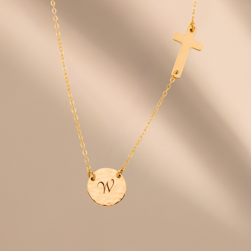 Customized Sideways Cross and Monogram Link Disc 7/16" Necklace