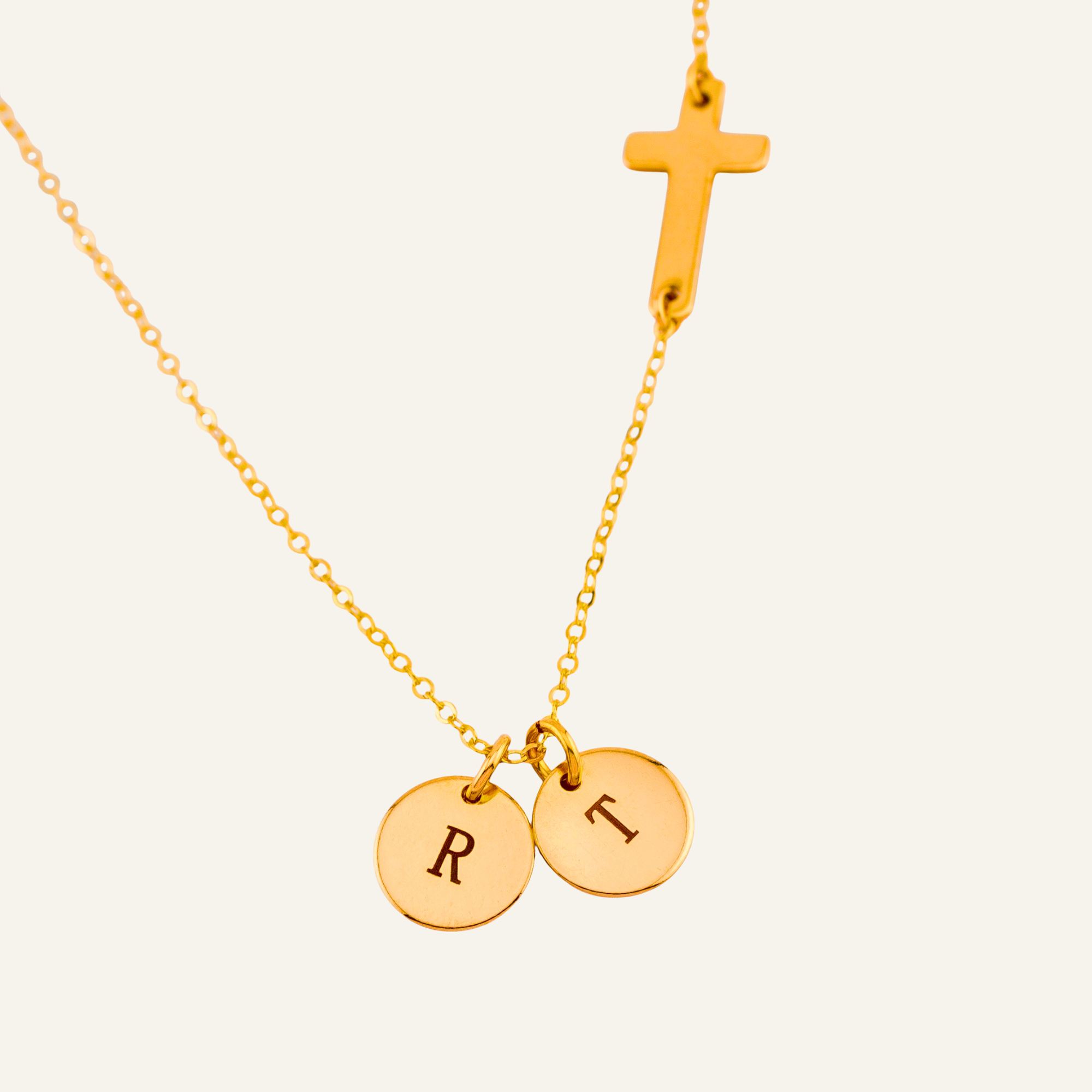 Initials Disc Charm and Sideways Cross Necklace, 3/8-inch Disc