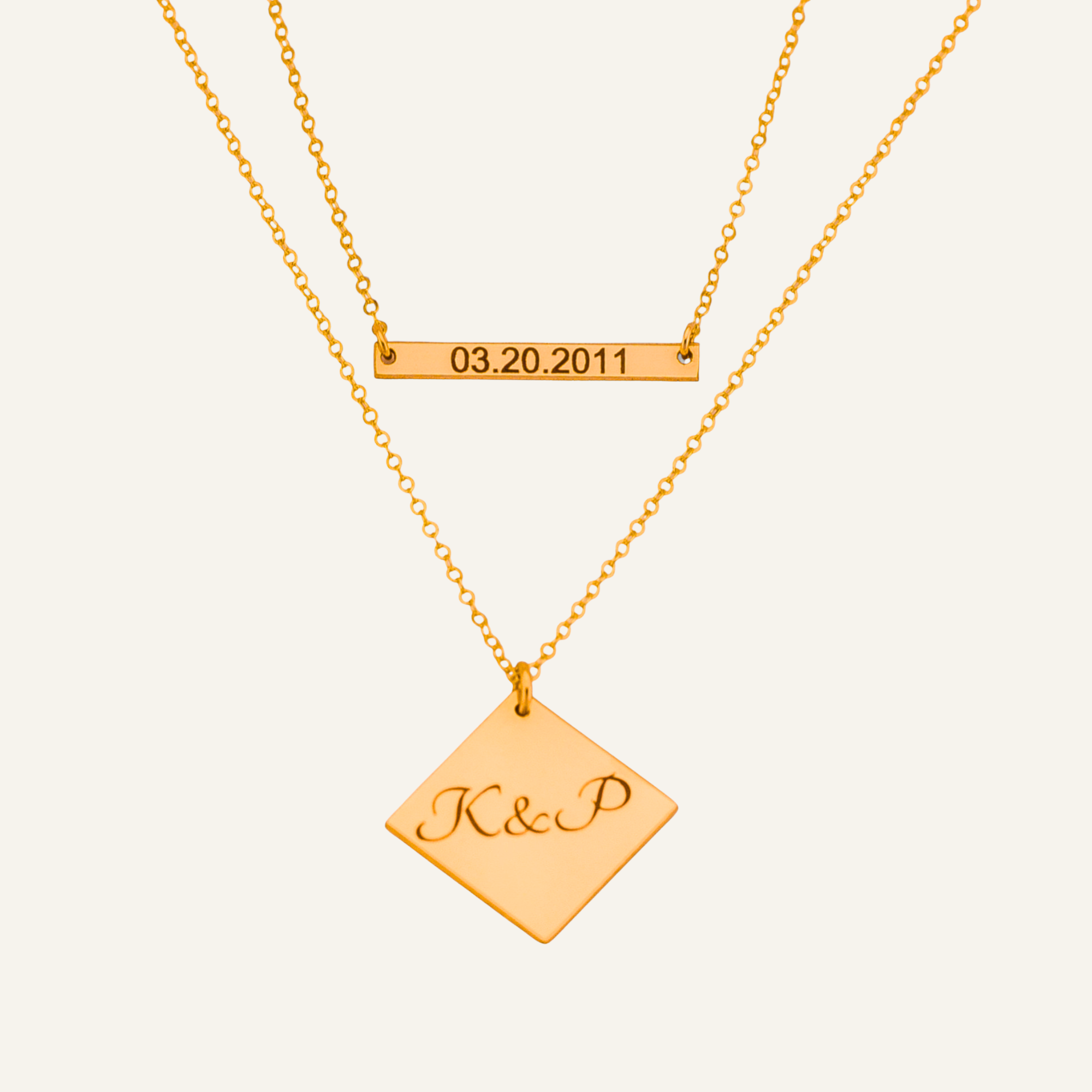 Double Layered Skinny 1" Bar and 0.5" Diamond Charm Necklace Set