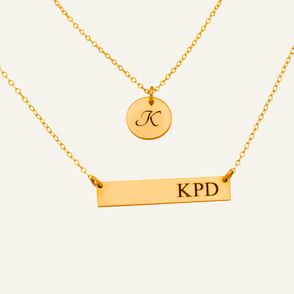 Customized Engraved Bar and Disc Pendant Layered Necklace Set, 7/16-inch Disc and 1.25-inch Bar
