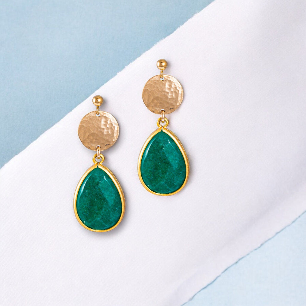 Teardrop Trimmed Emerald Stone Stud Earrings