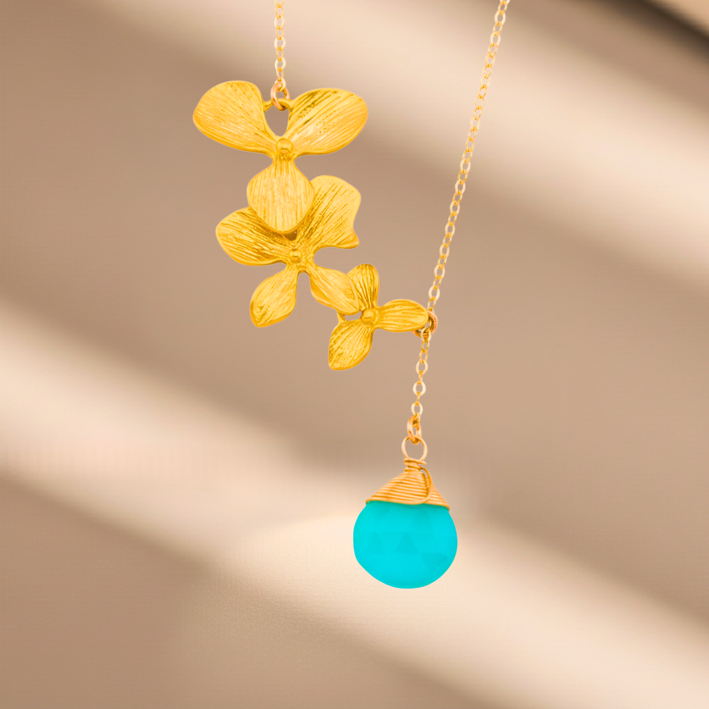 Floral Trio Orchid Pendant Lariat Necklace with Wirewrapped Birthstone