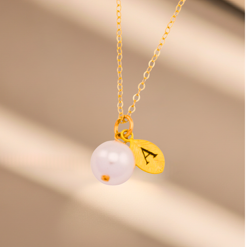 Initial Leaf Pendant Charm Pearl Necklace