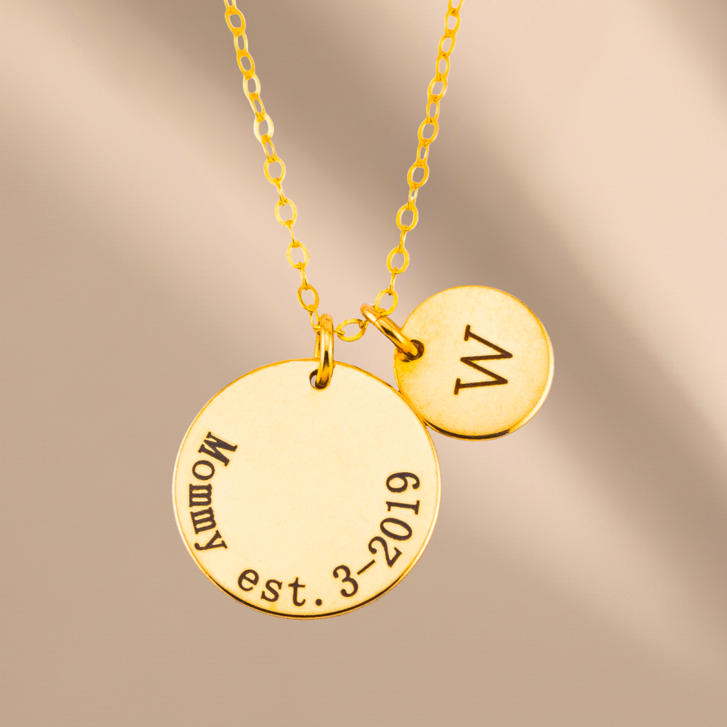 Personalized New Mom Circle Necklace, 5/8" and 3/8" Discs