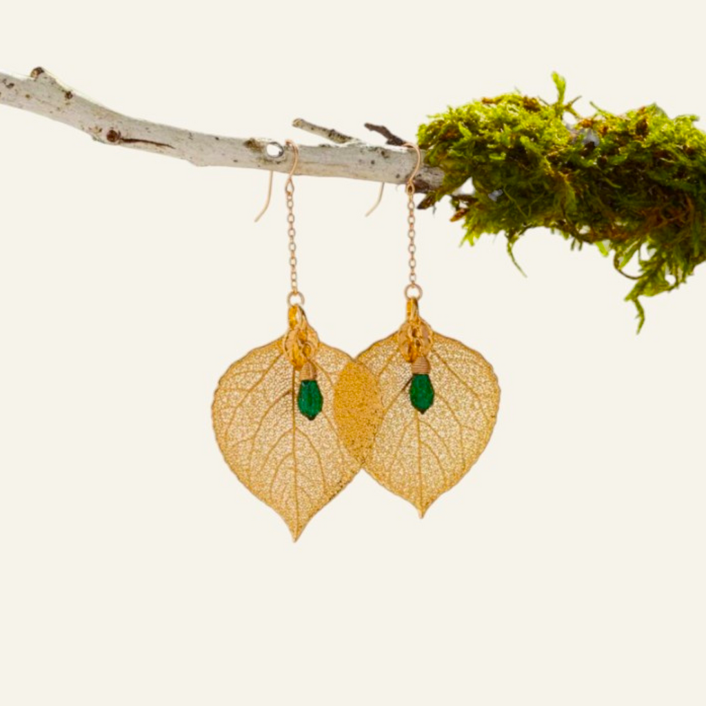 Real Leaf Earrings with Custom Birthstone