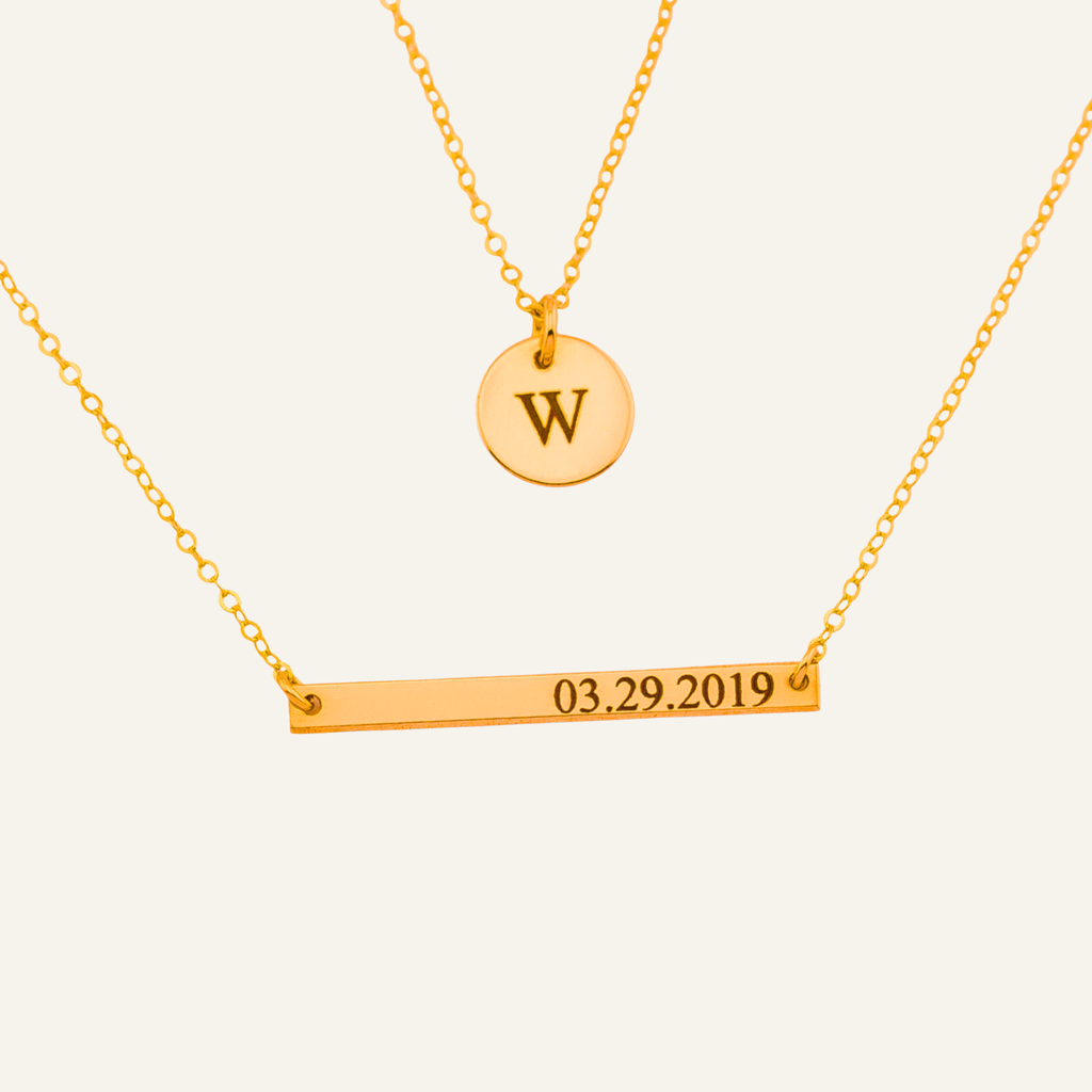 Skinny Bar and Small Charm Layered Necklace Set, 3/8-inch Disc & 1.25-inch Bar