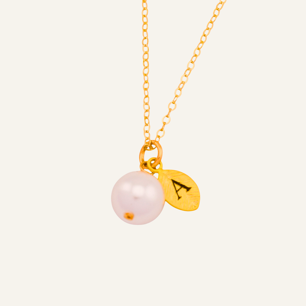 Initial Leaf Pendant Charm Pearl Necklace