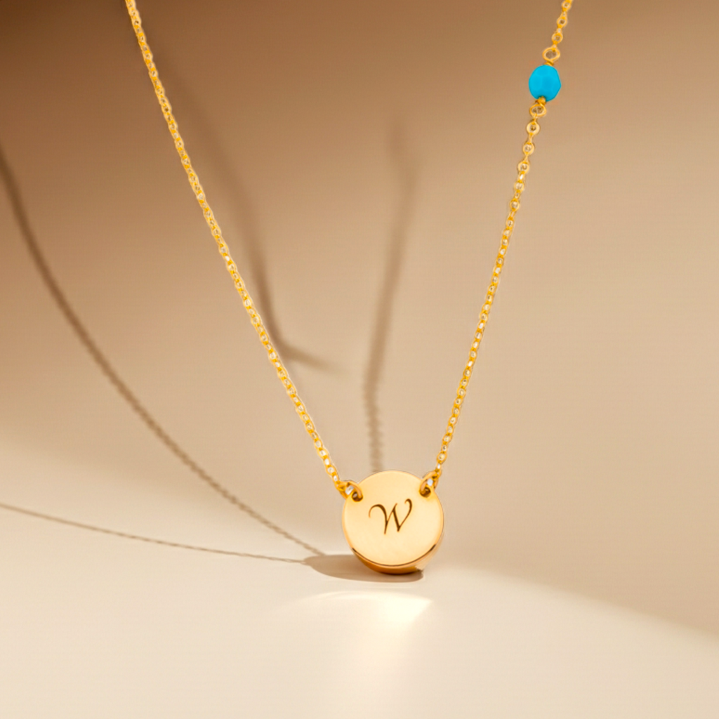 Custom Initial Disc and Gemstone Necklace, 7/16-inch