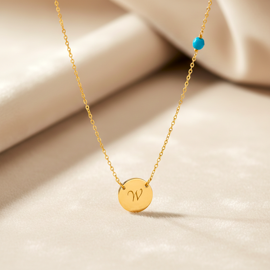 Custom Initial Disc and Gemstone Necklace, 7/16-inch