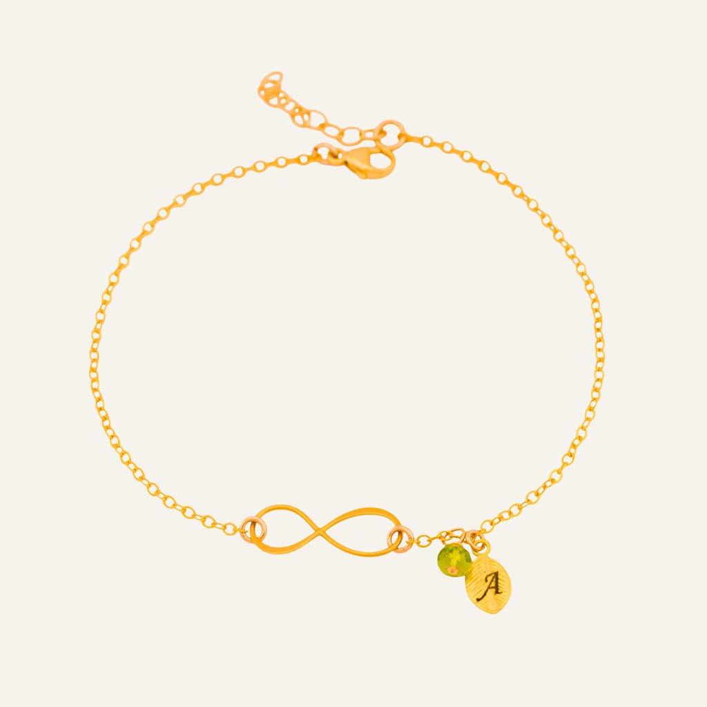 Small Infinity Bracelet with Customized Birthstone and Initial Leaf