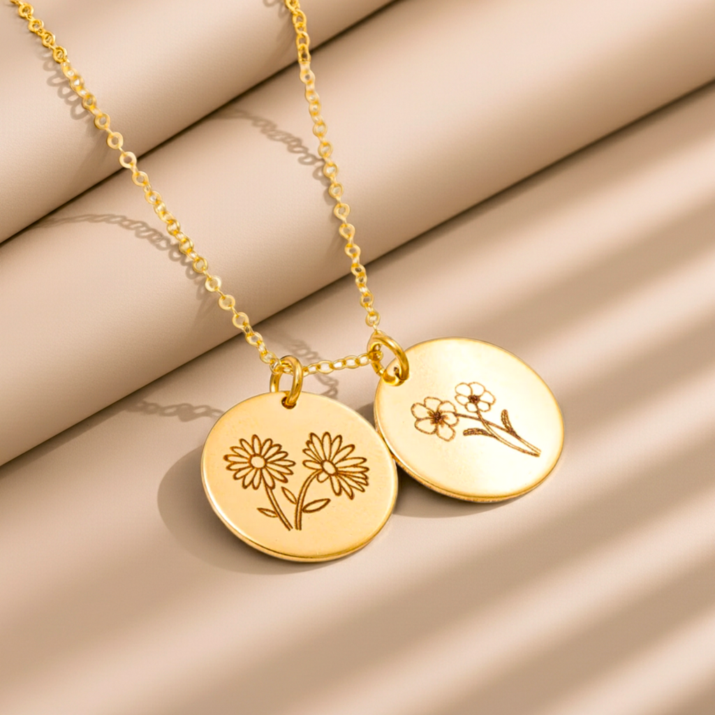Birth Month Flower Necklace with Custom Engraving, 5/8" Disc
