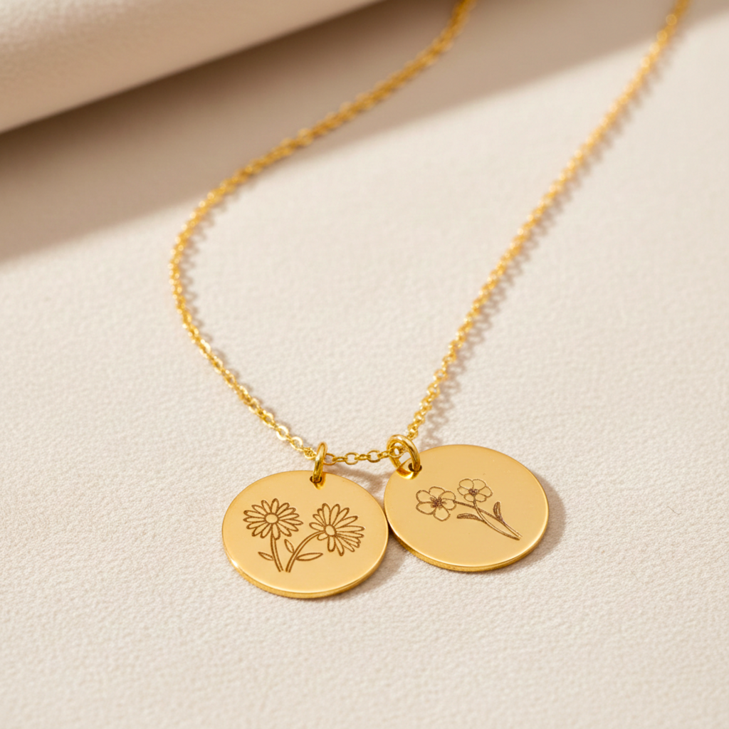 Birth Month Flower Necklace with Custom Engraving, 5/8" Disc