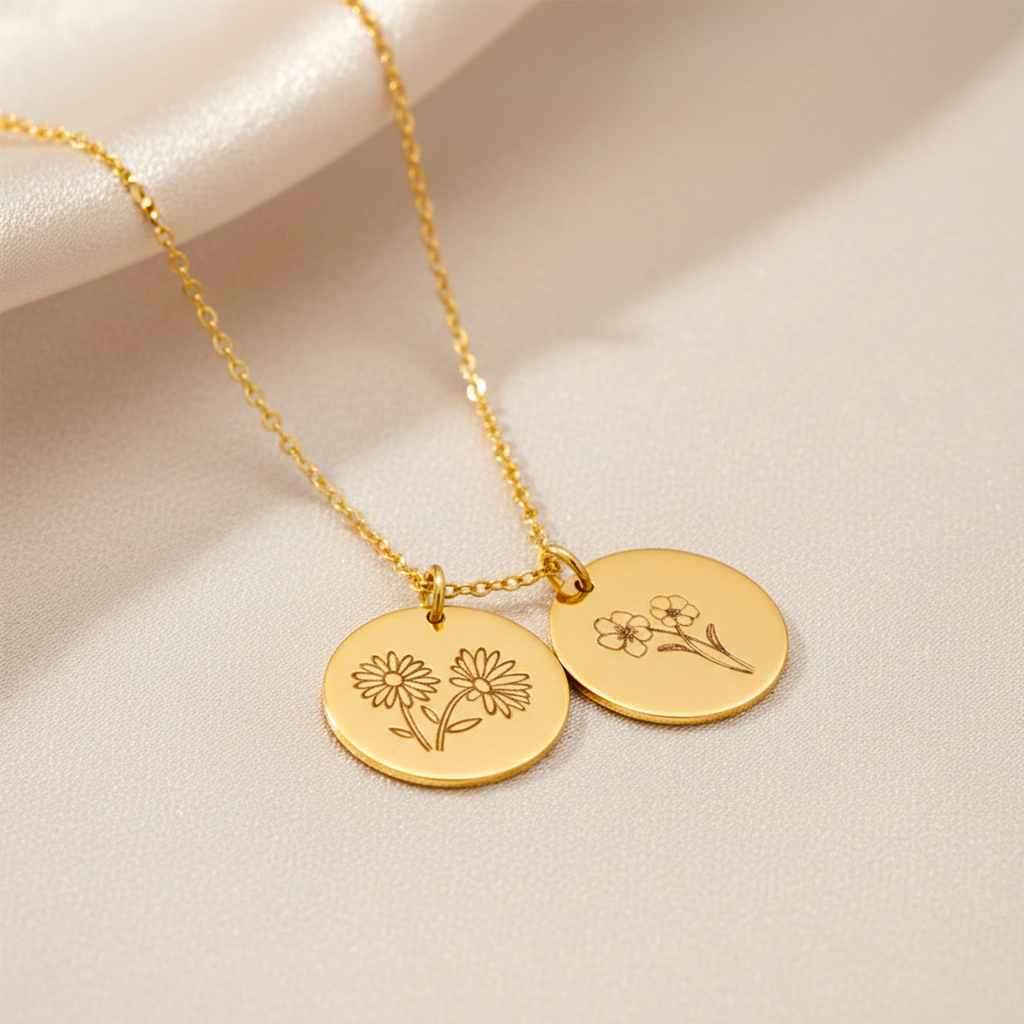 Birth Month Flower Necklace with Custom Engraving, 5/8" Disc