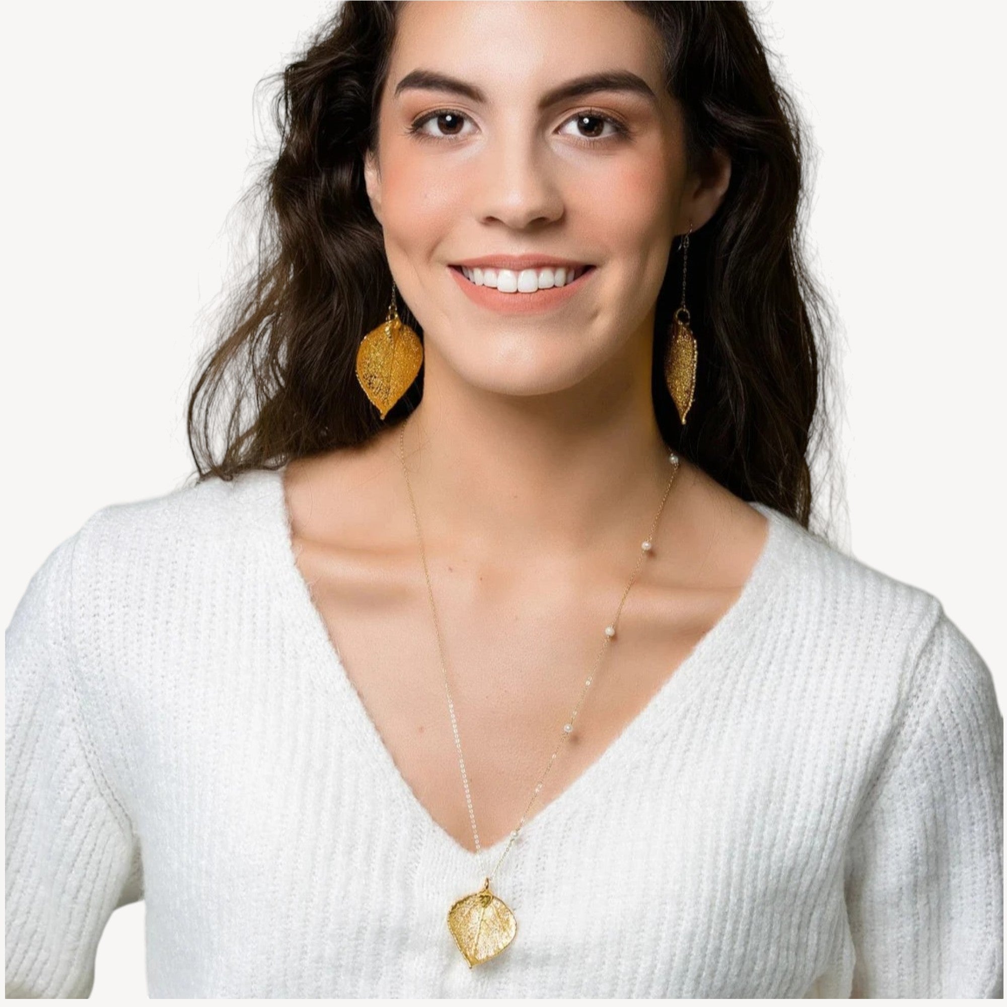 Long Gemstone Chain Real Leaf Necklace