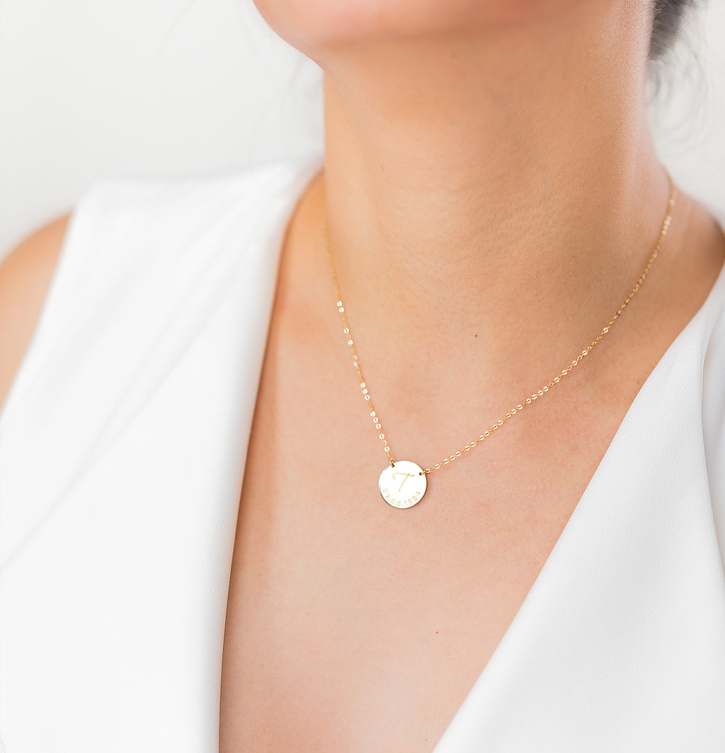 Engraved Disc Pendant Necklace, 5/8" Disc