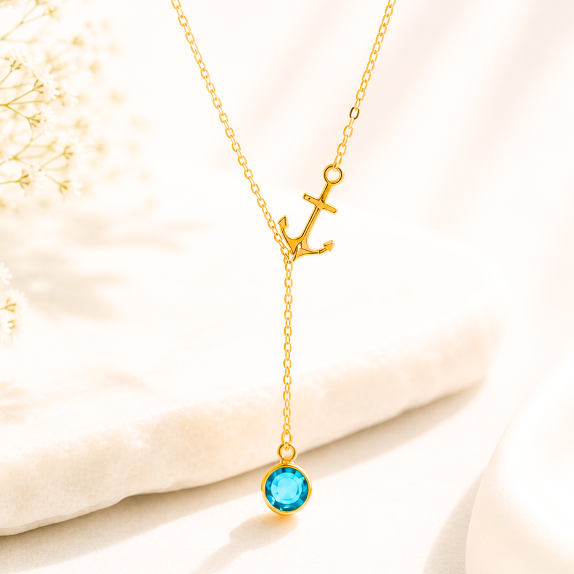 Sideways Anchor Y Lariat Necklace, Custom Bezel Birthstone Jewelry, Dainty Nautical Jewelry Gift for her, Gold, Silver chain