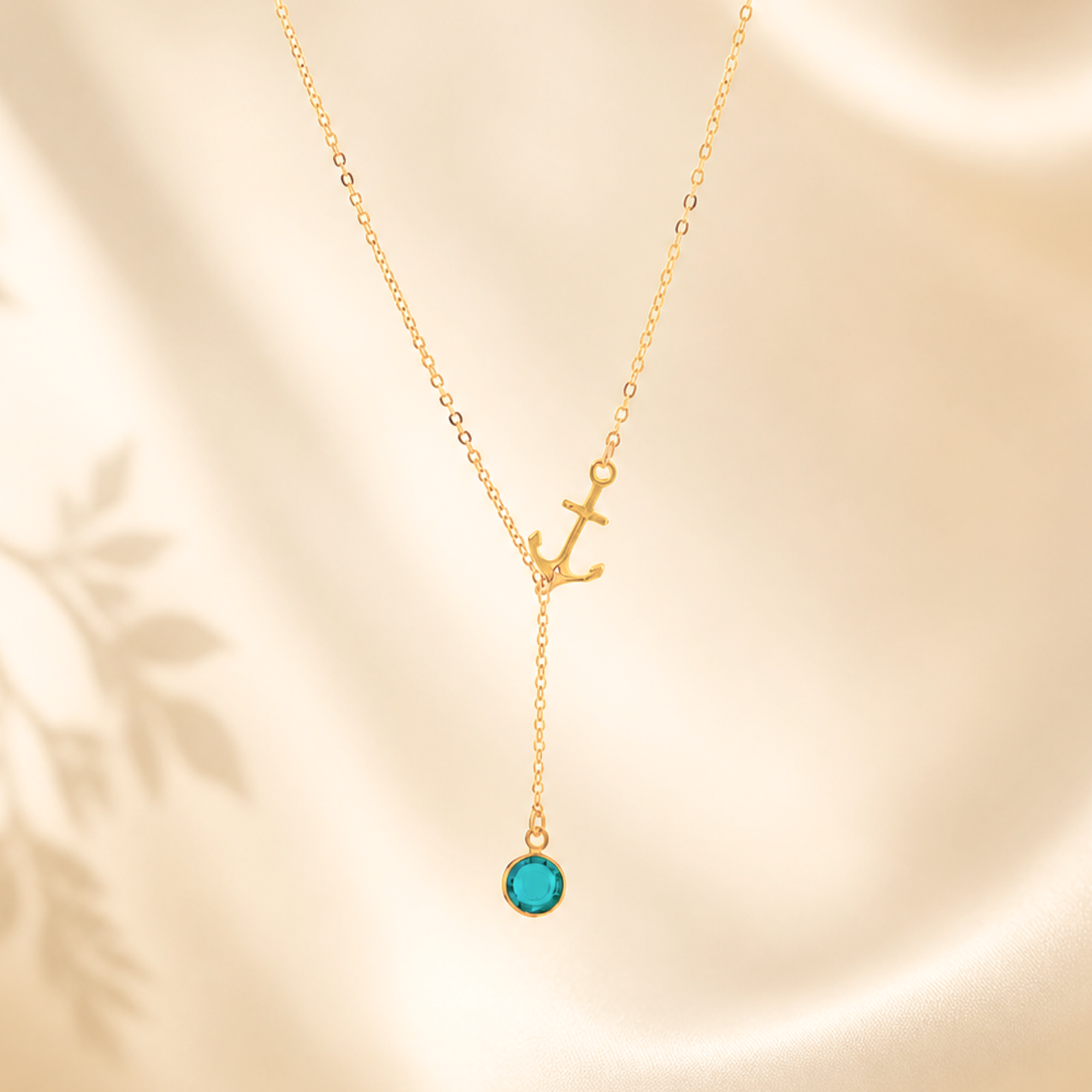 Sideways Anchor Y Lariat Necklace, Custom Bezel Birthstone Jewelry, Dainty Nautical Jewelry Gift for her, Gold, Silver chain