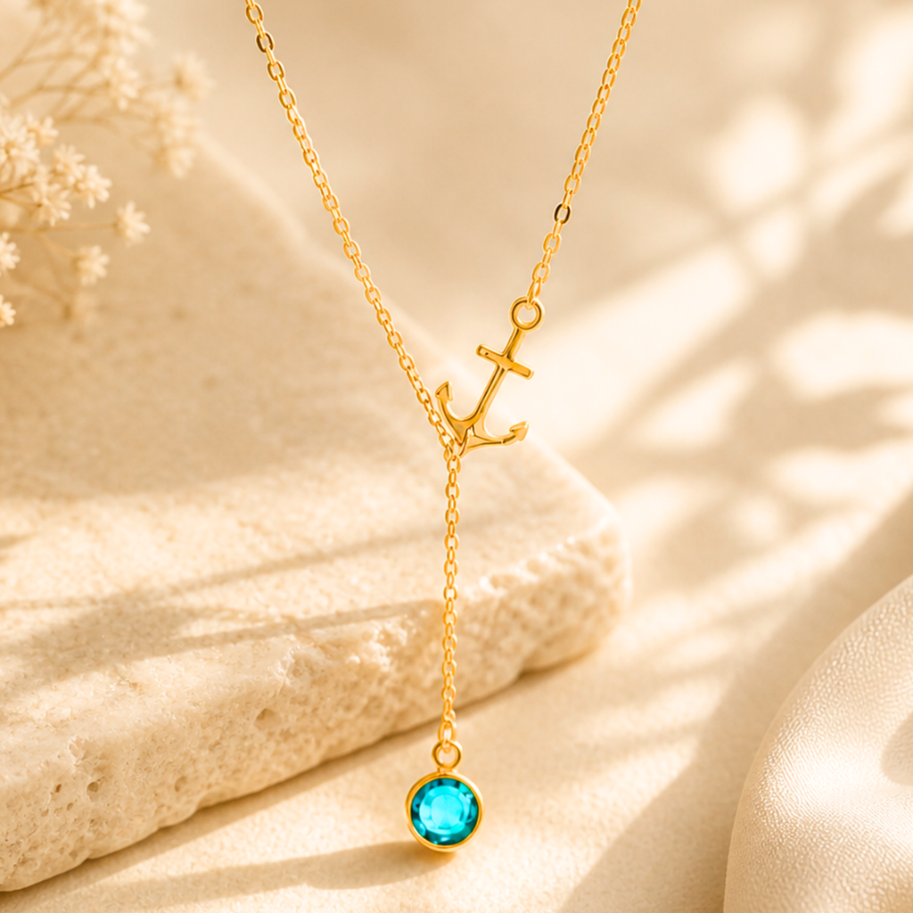 Sideways Anchor Y Lariat Necklace, Custom Bezel Birthstone Jewelry, Dainty Nautical Jewelry Gift for her, Gold, Silver chain