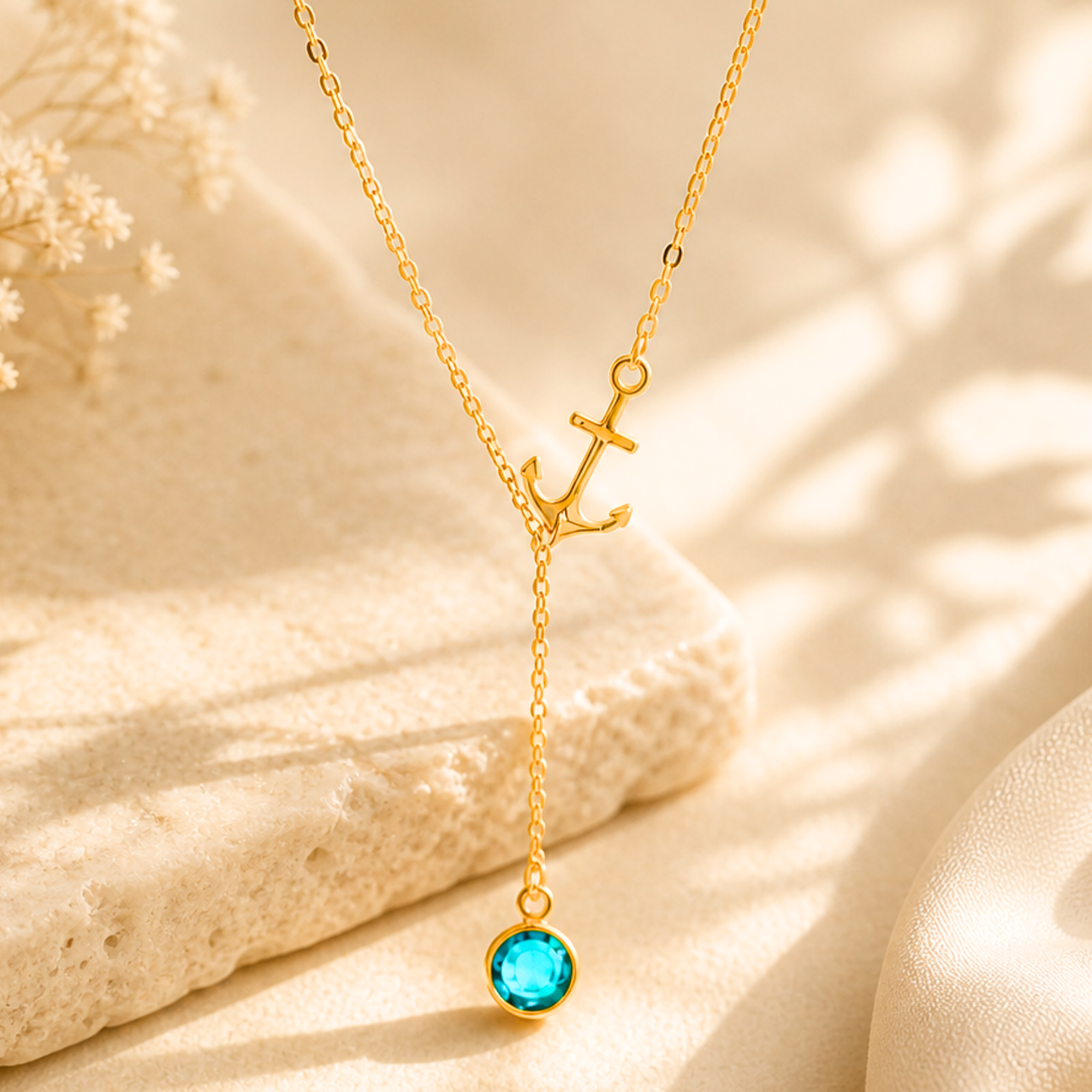 Sideways Anchor Y Lariat Necklace, Custom Bezel Birthstone Jewelry, Dainty Nautical Jewelry Gift for her, Gold, Silver chain
