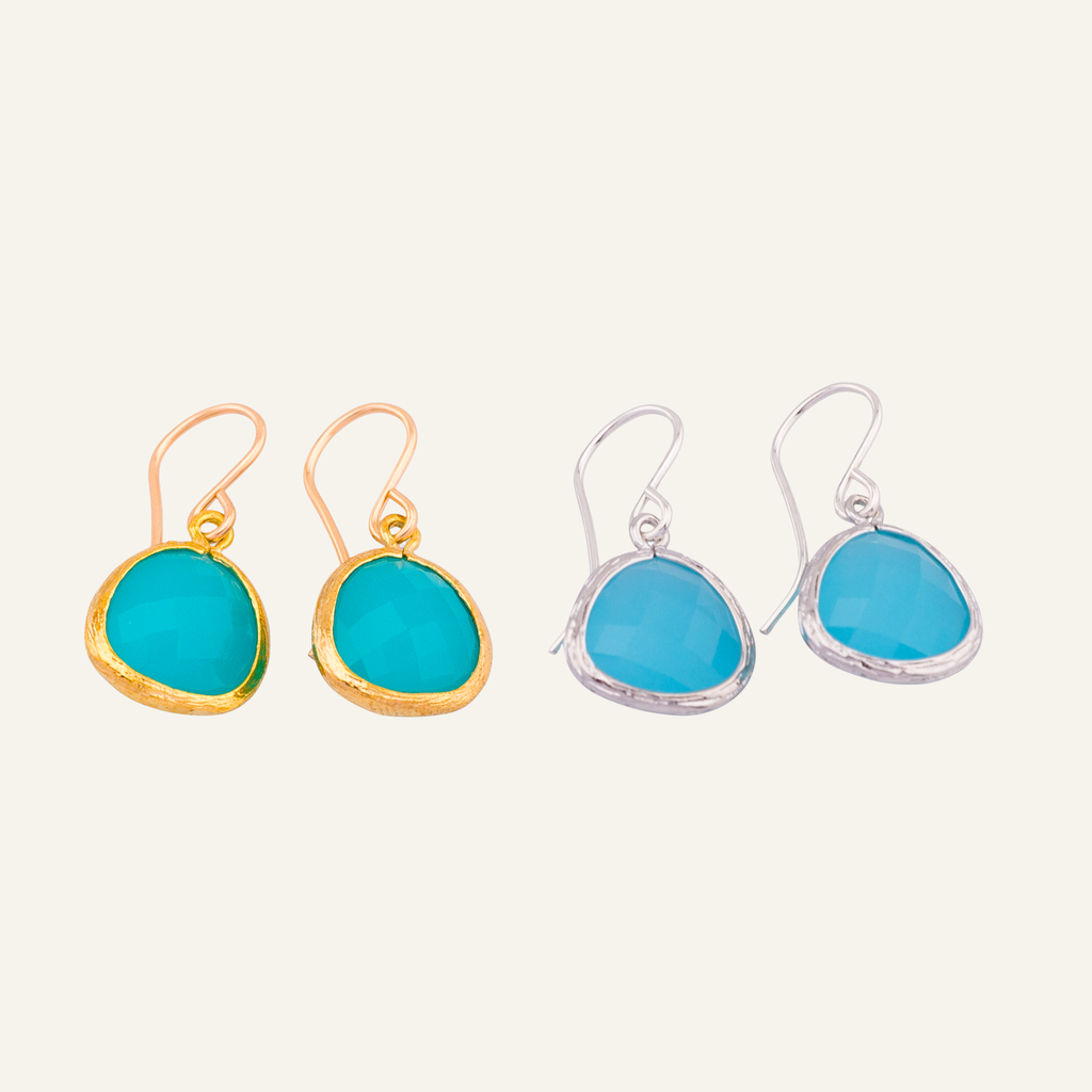 Opal Blue Glass Drops Bezel Trimmed Earrings