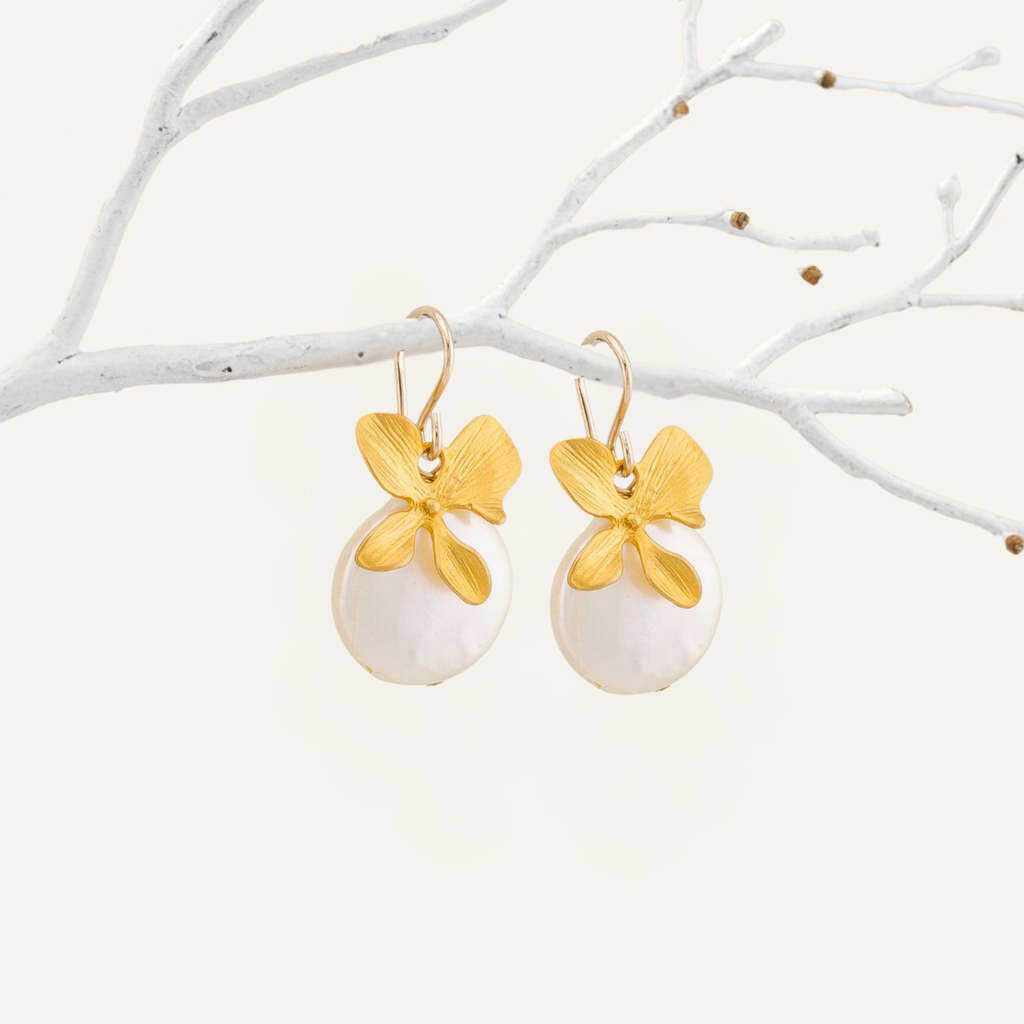 Dangle Four petals Orchid and Coin Pearl Earrings