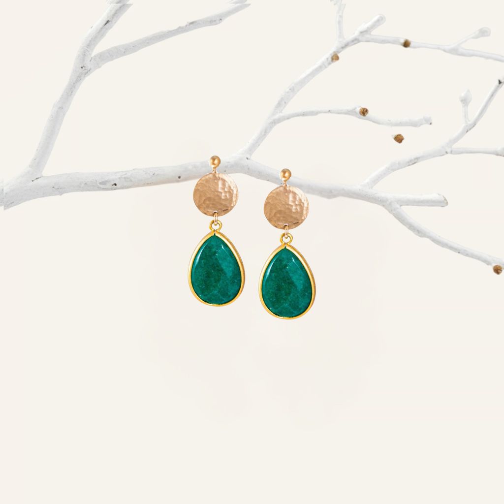 Teardrop Trimmed Emerald Stone Stud Earrings