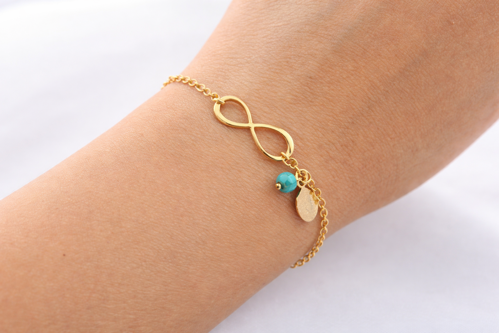 Small Infinity Bracelet with Customized Birthstone and Initial Leaf