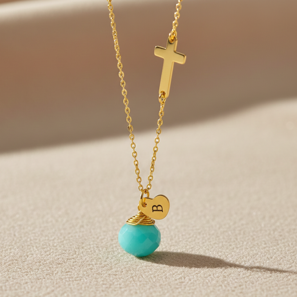 Personalized Small Sideways Cross and Birthstone Necklace