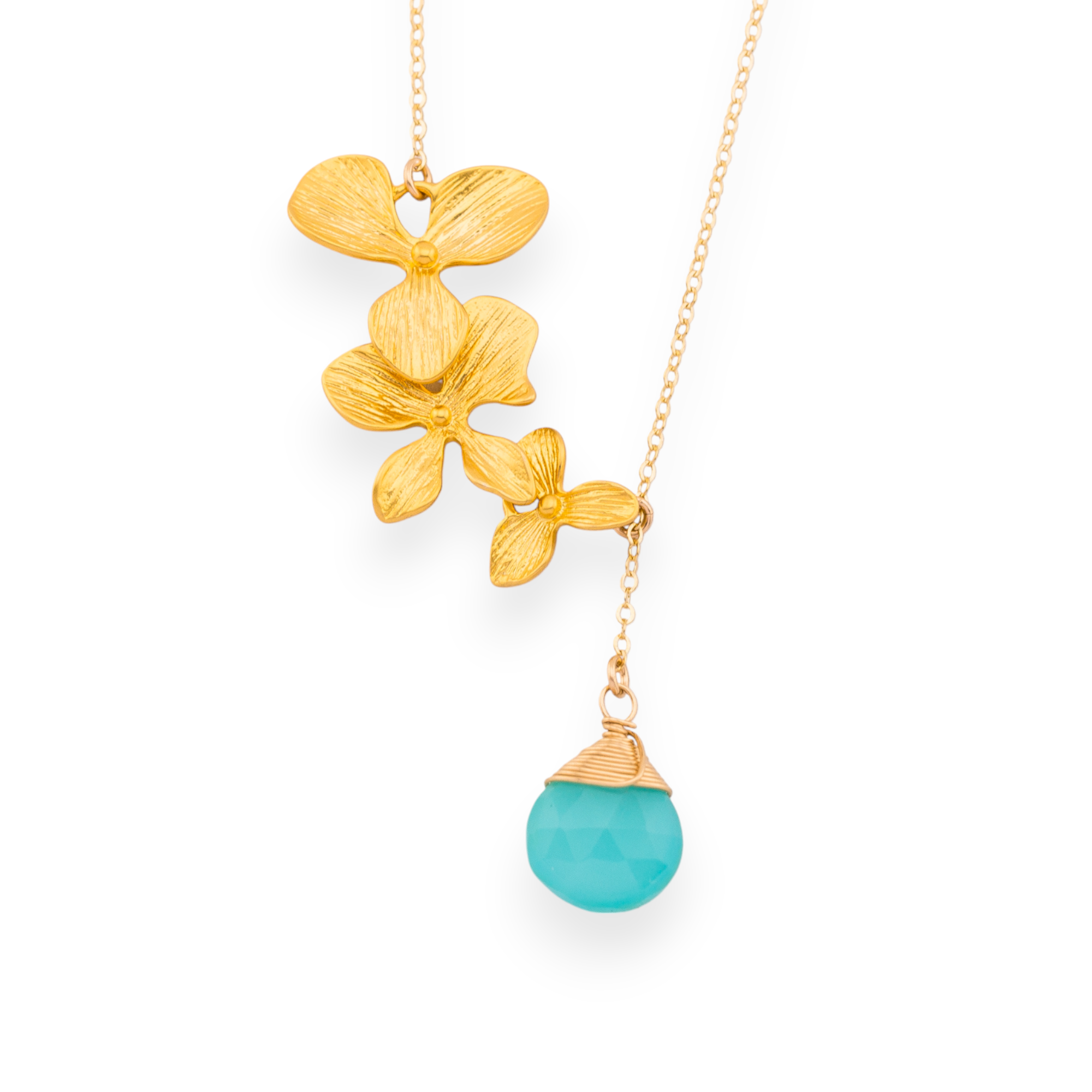 Floral Trio Orchid Pendant Lariat Necklace with Wirewrapped Birthstone