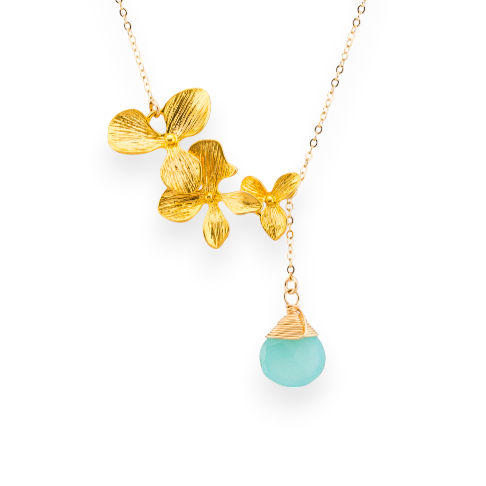 Floral Trio Orchid Pendant Lariat Necklace with Wirewrapped Birthstone