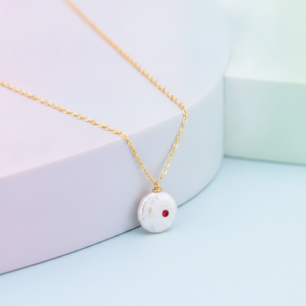 Custom Birthstone on Coin Pearl Necklace