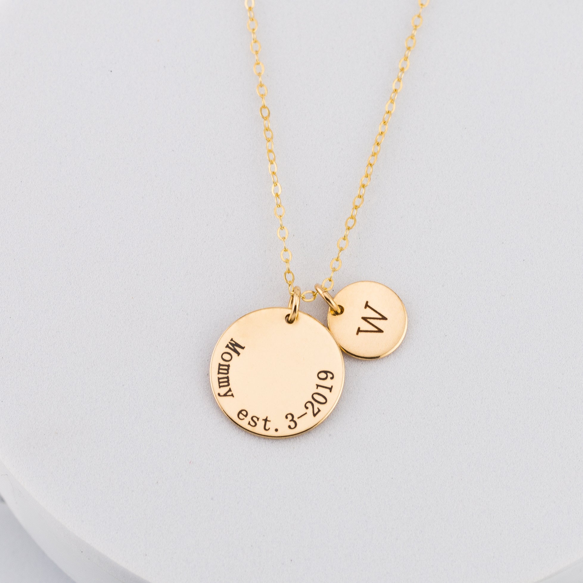 Personalized New Mom Circle Necklace, 5/8" and 3/8" Discs