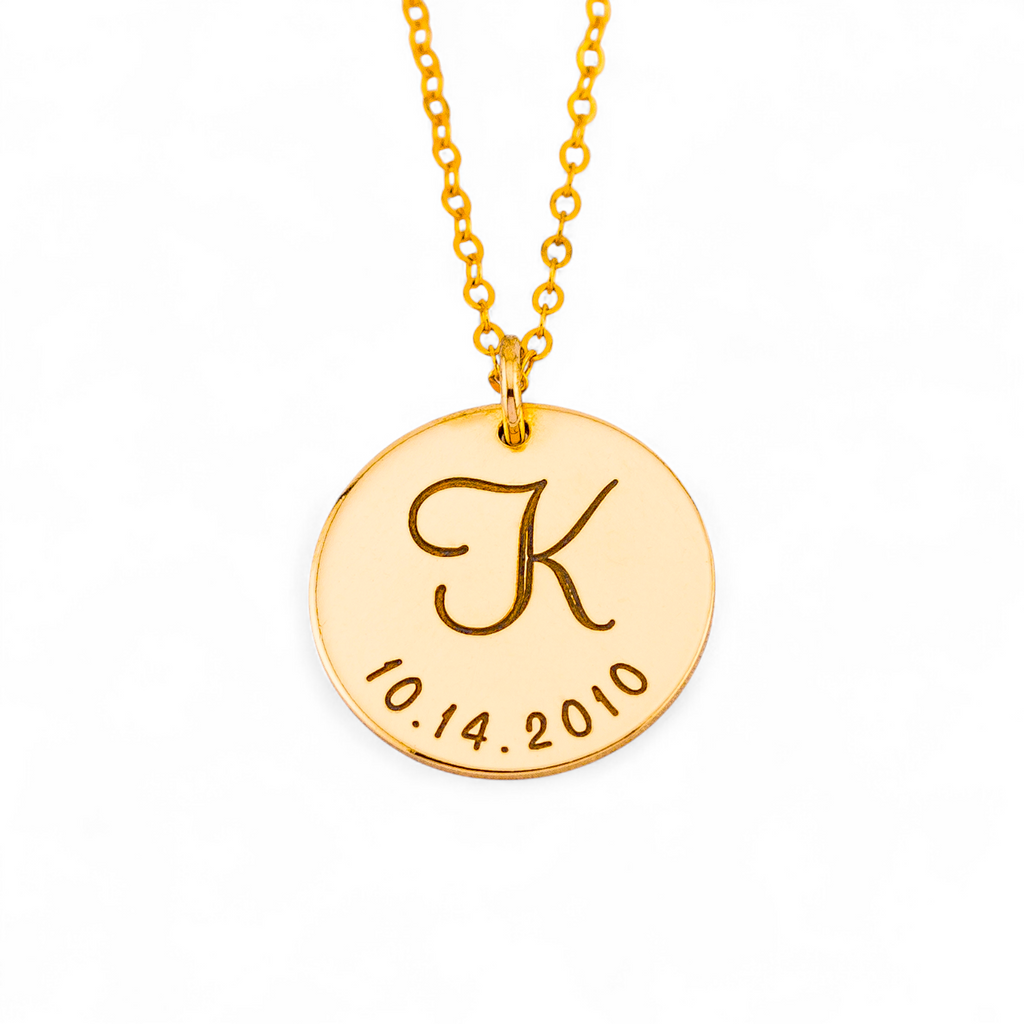 Personalized Initial and Birth Date Pendant Necklace, 5/8-inch Disc