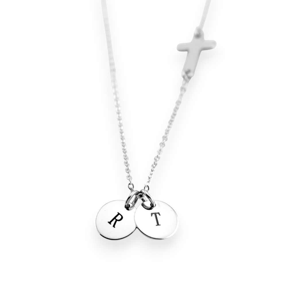 Initials Disc Charm and Sideways Cross Necklace, 3/8-inch Disc
