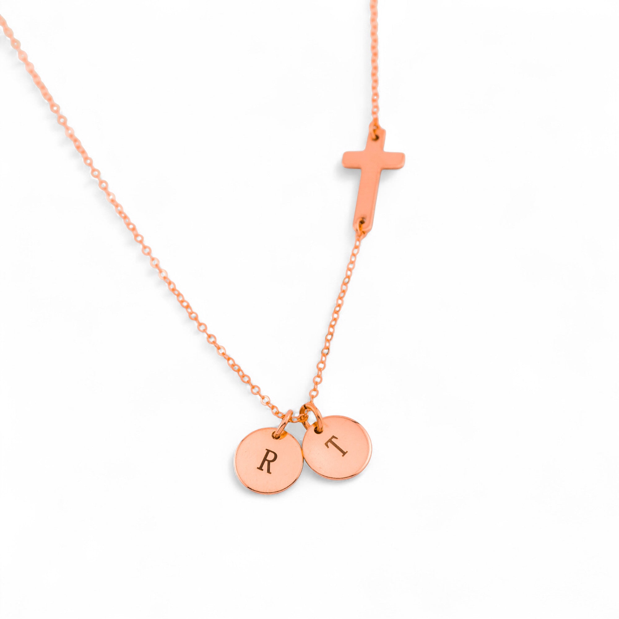 Initials Disc Charm and Sideways Cross Necklace, 3/8-inch Disc