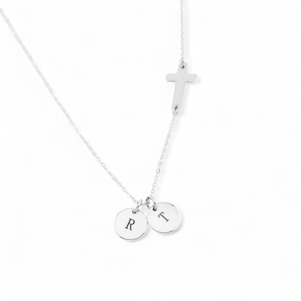 Initials Disc Charm and Sideways Cross Necklace, 3/8-inch Disc