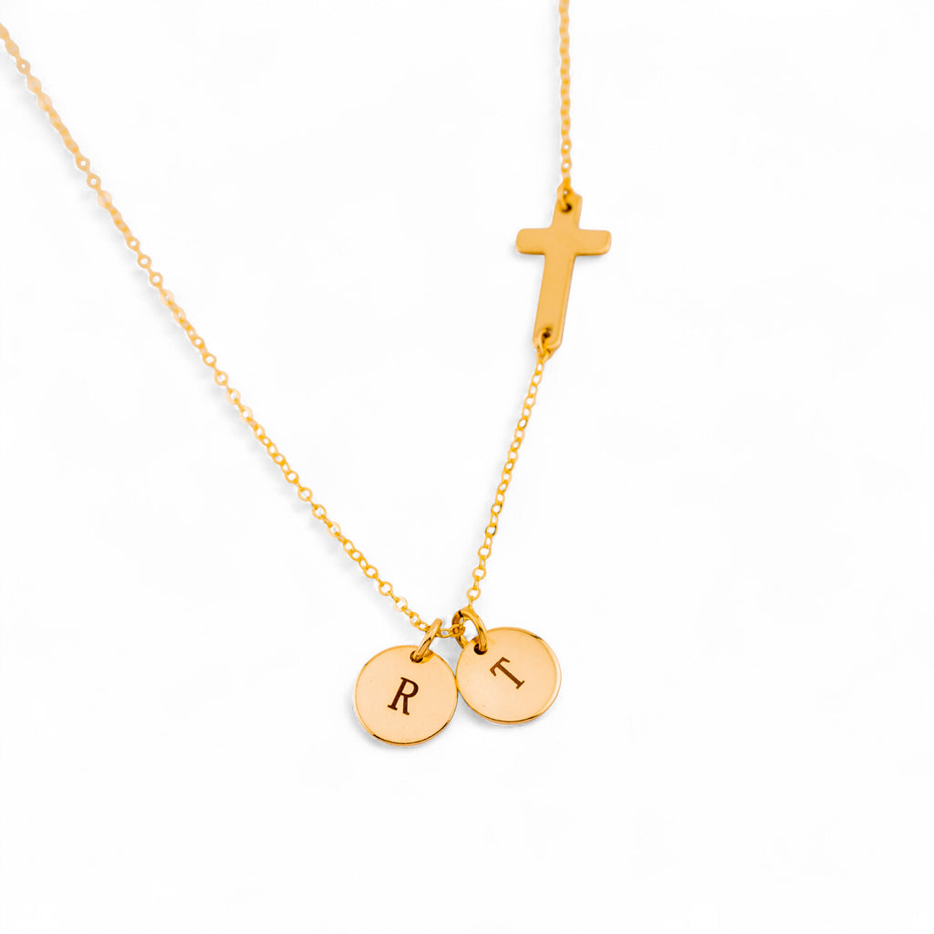 Initials Disc Charm and Sideways Cross Necklace, 3/8-inch Disc