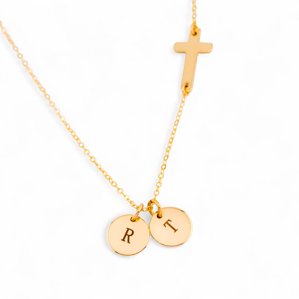 Initials Disc Charm and Sideways Cross Necklace, 3/8-inch Disc