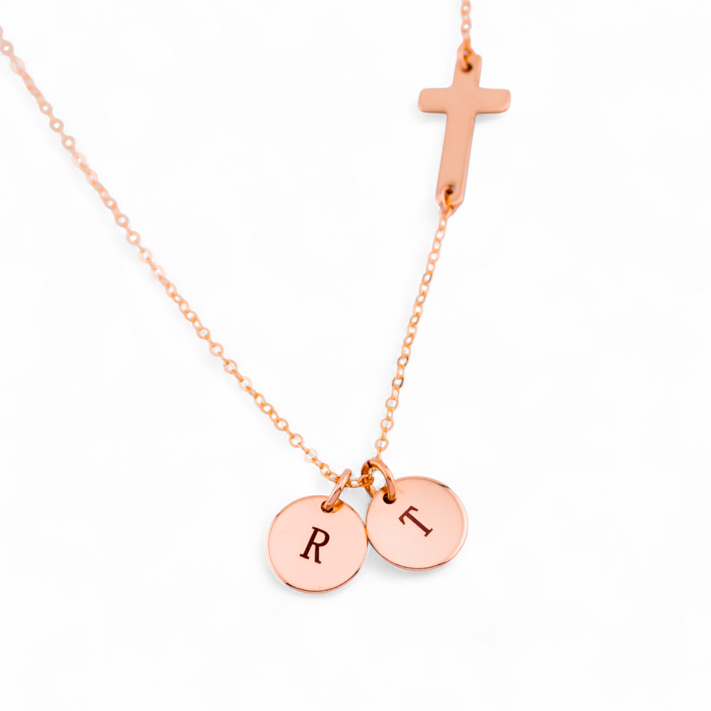Initials Disc Charm and Sideways Cross Necklace, 3/8-inch Disc