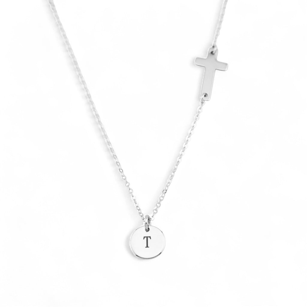 Initials Disc Charm and Sideways Cross Necklace, 3/8-inch Disc
