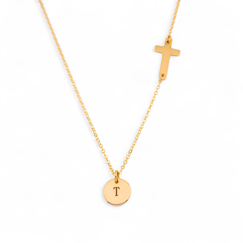 Initials Disc Charm and Sideways Cross Necklace, 3/8-inch Disc
